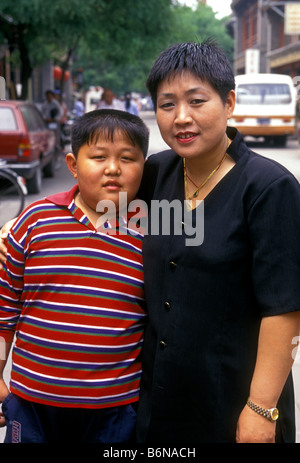Chinese people, Chinese woman, woman, mother and son, mother, son, young boy, boy, eye contact, front view, Beijing, Beijing Municipality, China, Asia Stock Photo