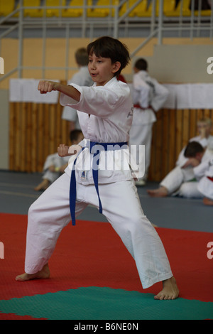 Boy performs karate demonstration on the sport arena Stock Photo