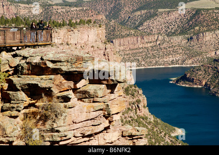 a family viewing the Flaming Gorge reservoir from an overlook platform Stock Photo