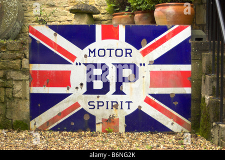 Old fashioned BP metal advert - Cotswold Motor Museum, Bourton-on-the-Water, Gloucestershire. Stock Photo