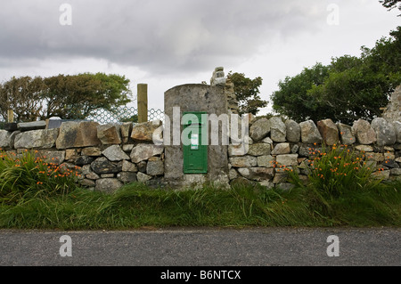 Traditional green irish post box surrounded by a loose dry stone wall and flowering plants Stock Photo