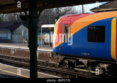 450 class electric multiple unit in South West Trains livery standing at Alton Station, Alton, Hampshire, England. Stock Photo