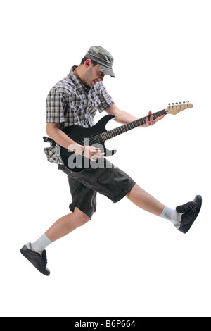 Guitar player jumping in midair Stock Photo