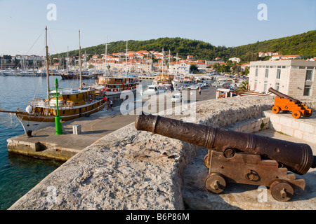 Korcula in Croatia, replica medieval cannon overlooking harbour Stock Photo