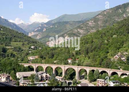 Raised railway line at Tende in the French Alpes Maritimes Stock Photo