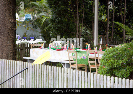 outside table set for christmas lunch , at a waterside property in sydney, australia Stock Photo