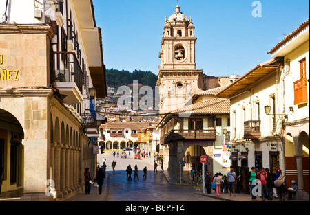 View towards the Plaza de Armas from Marquez Mantas with the tower of the Iglesia La Compania de Jesus on the right Cusco, Peru Stock Photo