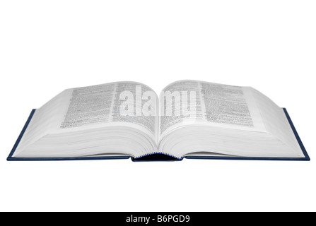 An open hardback reference book isolated on a pure white background text is unreadable Stock Photo