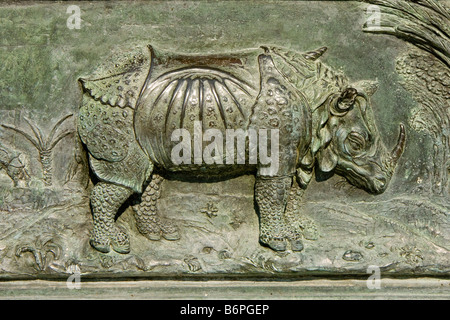 Pisa, Italy. Detail of the bronze doors of the Duomo, showing a rhinoceros (by Giambologna, 1602) Stock Photo