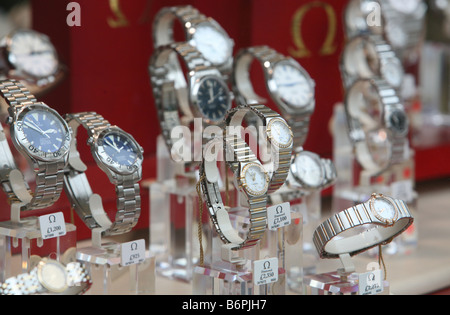 Omega watches on display in the window of an Ernest Jones store in Moorgate London Stock Photo