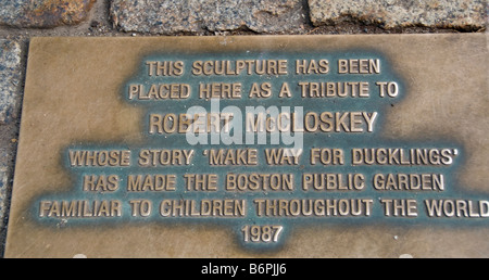 Plaque in Boston Public Garden about sculpture 'Make Way for Ducklings' Stock Photo