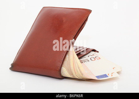 brown leather wallet with fifty euro banknotes isolated Stock Photo