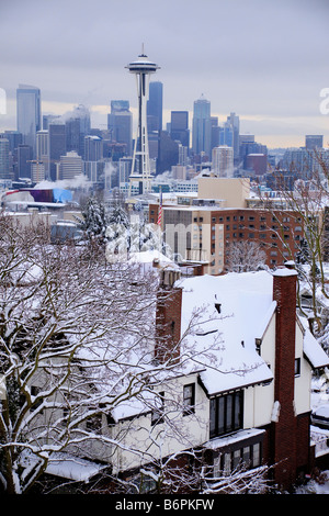 Seattle skyline view after winter snow storm from Kerry Park on Queen Anne Hill Seattle Washington Stock Photo