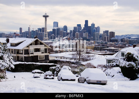 Seattle skyline view after winter snow storm from Kerry Park on Queen Anne Hill Seattle Washington Stock Photo