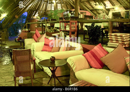 Ongava Lodge, living room in the evening, Namibia Stock Photo