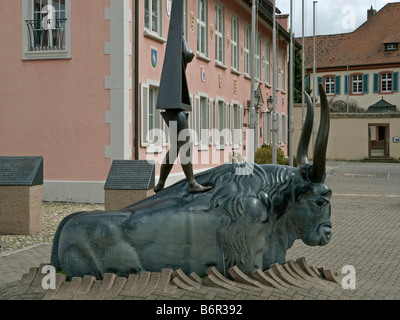 statue with bull Taurus and Europa at city hall city Breisach at Rhine district Breisgau Hochschwarzwald Baden Württemberg Stock Photo