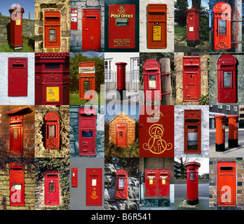 Multiple 28 x Image horizontal montage of British Royal Mail Post Boxes. Stock Photo