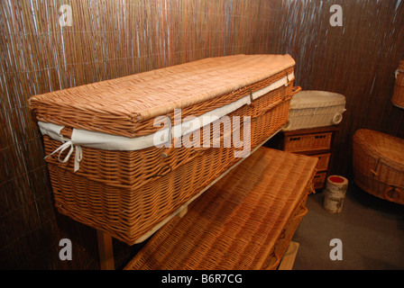 Wicker coffins on "Memento" Funeral Expo in Warsaw, Poland Stock Photo