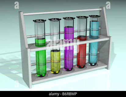 Illustration of a rack of five test tubes in a line containing different colored chemicals Stock Photo