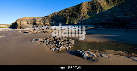 A panoramic view of the sandstone cliffs of Dunraven Bay in South Wales. Stock Photo