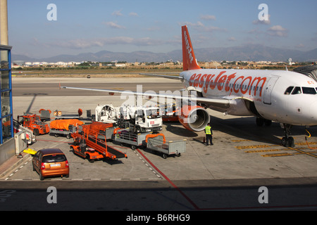 Passenger jet aircraft at Palma airport being made ready for flight with luggage arriving and refuelling in progress. Stock Photo