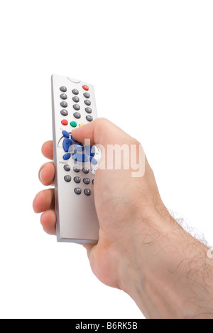 Hand holding a TV remote control isolated on white Stock Photo