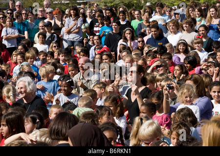 audience watching Stomp cast members performing at Cairo American College, Cairo, Egypt Stock Photo