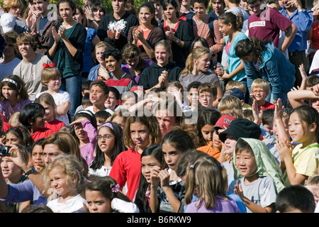 audience watching Stomp cast members performing at Cairo American College, Cairo, Egypt Stock Photo