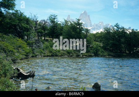 Mt. Fitz Roy seen from a small lake, El Chalten, Patagonia, Argentina Stock Photo
