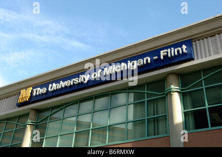 University of Michigan Flint sign on the student center in Flint Michigan USA Stock Photo