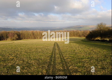 The shadows of a pair of Walkers stretch across a hillside on the Cotswold Way footpath near Winchcombe in Gloucestershire . Stock Photo