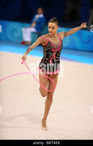 Aug 23, 2008; Beijing, China; Rhythmic gymnast Evgenia Kanaeva / Russia performs with rope to win gold at 2008 Beijing Olympics. Stock Photo