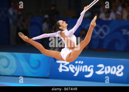 Aug 23, 2008; Beijing, China; Rhythmic gymnast Anna Bessonova (Ukraine) leaps with hoop to win bronze medal at 2008 Olympics. Stock Photo