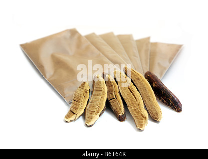 Ganoderma lucidum mushroom or Lingzhi in China or reishi in Japan or yeongji in Korea in slice and spore forms Stock Photo