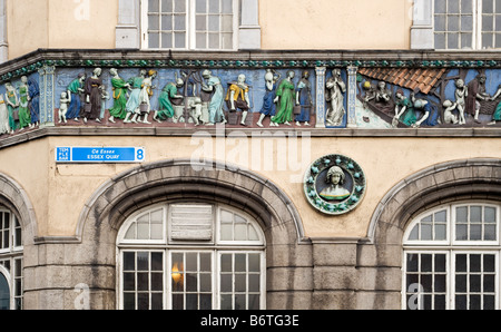 Detail of Sunlight Chambers (1901), Essex Quay, Dublin, Ireland.  The frieze portrays the history of soap manufacture. Stock Photo