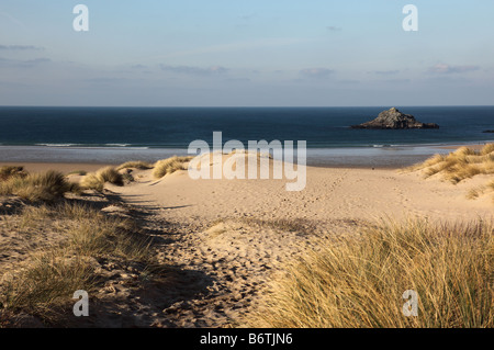 Crantock Beach sand dunes in winter, Cornwall, England, UK Stock Photo