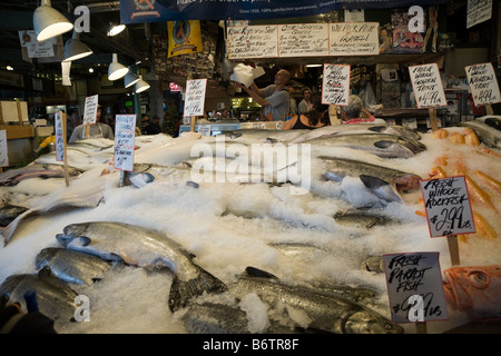 Fishmonger at Pike Place Market, Downtown Seattle, Washington, USA Stock Photo