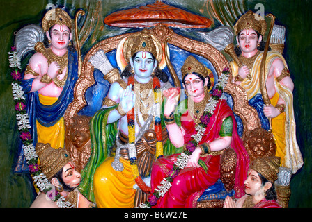 Hindu Diety Lord Rama, Goddess Sita, Hanuman, at a temple Near Divegar, Konkan, Maharashtra, India. Stock Photo