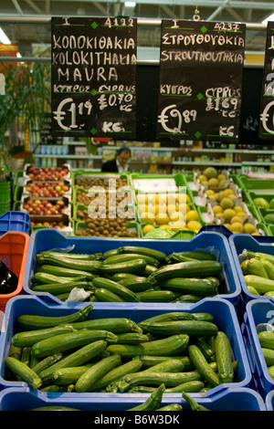 Foreign Supermarkets  Euro pricing of fruit and vegetables in Cyprus Supermarket Fresh foods produce Aisle, EU Europe. Stock Photo