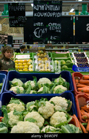 Foreign Supermarkets  Euro pricing of fruit and vegetables in Cyprus Supermarket Fresh foods produce Aisle, EU Europe. Stock Photo