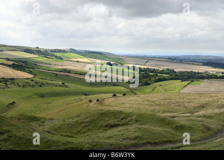 View of countryside from Oldbury fort at Cherhill near the  Lansdowne monument Marlborough downs in Wiltshire. Stock Photo