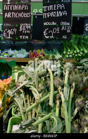Foreign Supermarkets  Euro pricing of fruit and vegetables in Cyprus Supermarket Fresh foods produce Aisle, EU Europe. Stock Photo