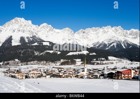View over the nursery slopes in the resort of Ellmau with the Wilder Kaiser Mountains behind, Tyrol, Austria Stock Photo