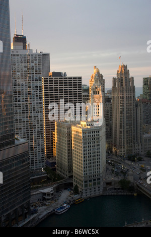 Stunning Aerial View of Chicago Skyline at Dusk with Historic Buildings Stock Photo