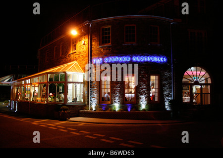 Rick Stein's Seafood Restaurant at night, in Padstow, Cornwall, England Stock Photo