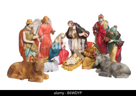 Nativity scene figures cutout isolated on white background Stock Photo
