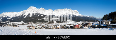 Panoramic view over the nursery slopes in the resort of Ellmau with the Wilder Kaiser Mountains behind, Tyrol, Austria Stock Photo
