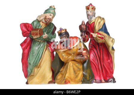 Three wise men nativity scene figures cutout isolated on white background Stock Photo