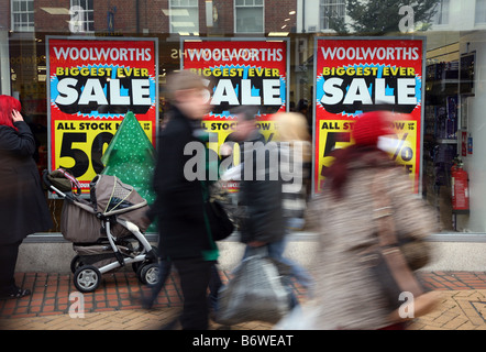 Sale signs in a Woolworths store in Chelmsford High Street Essex Stock Photo
