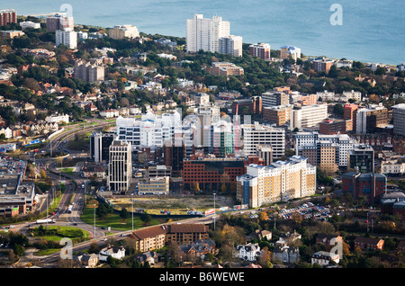 Aerial view of Bournemouth town centre.  Office blocks and apartment buildings near the coast. Dorset. UK. Stock Photo